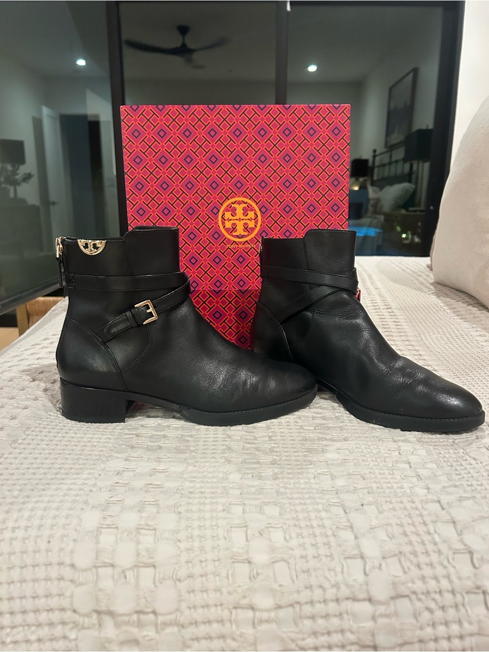 Tory Burch Black Leather Buckle Strap Ankle Boots